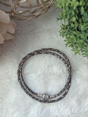 Pandora Double Wrap Braided Leather Bracelet Pearly Silver Gray 590705CSG-D